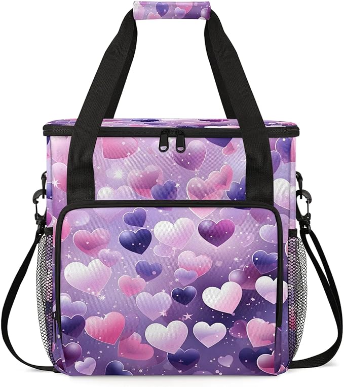 Valentine's Day Pink Purple Heart Coffee Maker Carring Bag Large Insulated Storage Organizer Case Tote Bags with Shoulder Strap for Travel Work Picnic