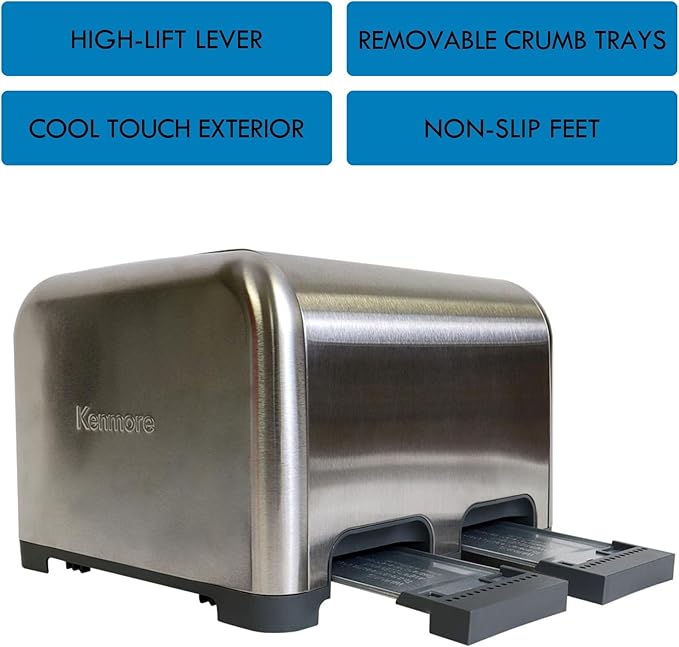 Kenmore 4 Slice Toaster Stainless Steel Extra Wide Slots Adjustable Browning Bagel and Defrost Settings Removable Crumb Tray Best Prime Toaster for Bread Bagel Waffles and more