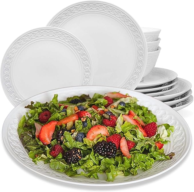 Annovero Plates and Bowls Sets - Dishes Set for 4 - Microwave Safe - 12 Piece Porcelain Dinnerware for Kitchen - Includes 4 Dinner &amp 4 Appetizer Plates 4 Cereal Bowls - Zero Lead &amp Cadmium