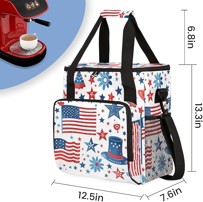 4th of JulyWaving flag Coffee Maker Carrying Bag Travel Storage Bag Compatible with K-Mini or K-Mini Plus Single Serve Coffee Brewer Carrying Case with Multiple Pockets &amp Shoulder Strap