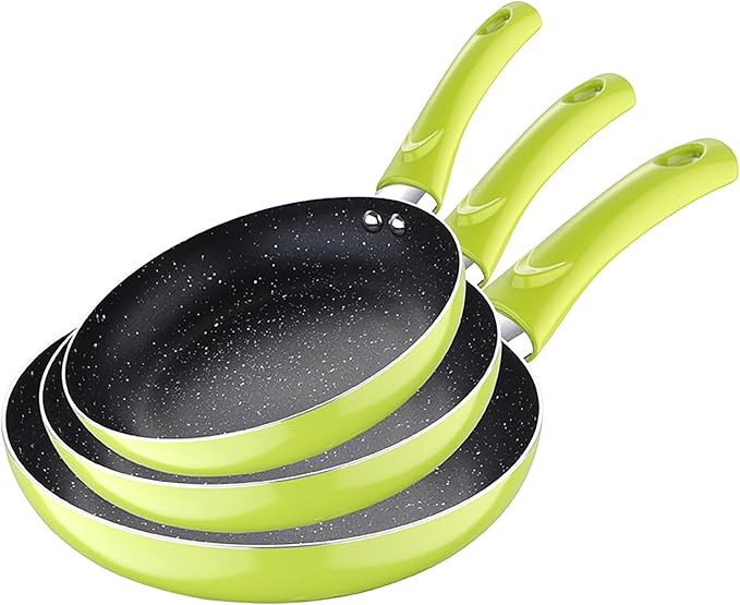 Set 3pc Frying Pan (20+24+28cm) Green Pressed Aluminium with Set 3pc Nylon Kitchen Utensils with Set 4pc Stainless Steel Knives with Tacoma/Block
