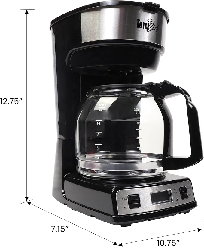Total Chef Drip Coffee Maker - 12-Cup Programmable Coffee Machine With Glass Pot Pause and Pour Auto Shut-Off Large Water Reservoir Reusable Filter Dishwasher Safe Carafe Percoladora de Café