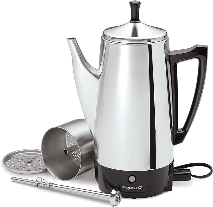 Presto 02811 Stainless Steel Electric Coffee Percolator - 12-Cups Easy-Pour Spout Stay-Cool Handle Make 2-12 Cups