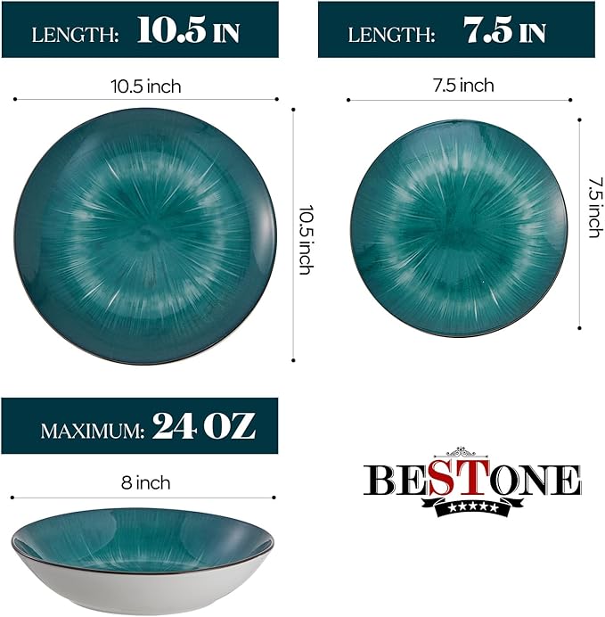 Bestone Porcelain Dinnerware Sets Service for 4 12 pcs Hand drawn Plates and Bowls Sets Handmade Ceramic Dish Set Chip Resistant Modern Plate Set Dishwasher/Microwave SafeStarburst Green