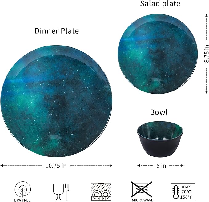 Melamine Dinnerware Sets for 4 12pcs Plates and Bowls Sets for Daily Use Dishwasher Safe BPA-free Teal Green
