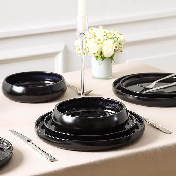 Stone Lain Lagoon 24-Piece Dinnerware Set Stoneware Plates and Bowls set Microwave and Dishwasher Safe Dish Set for 8 Black
