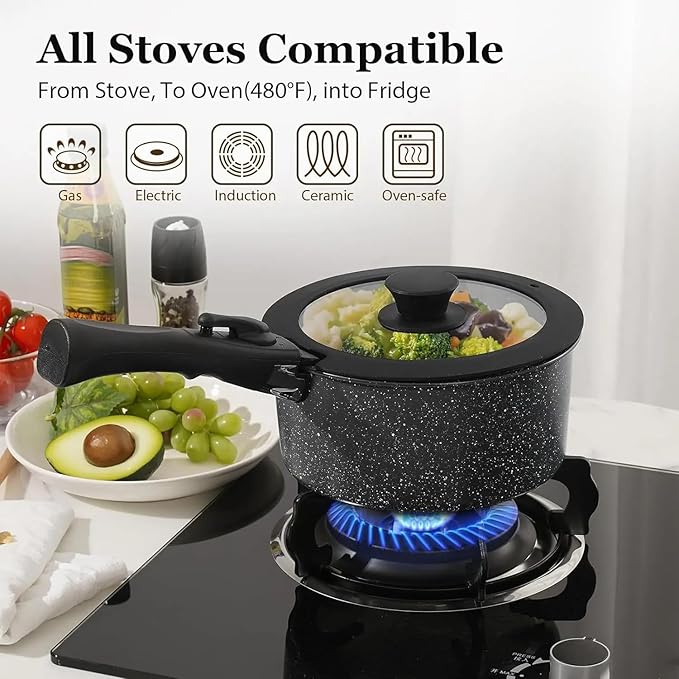 Black 15Pcs Pots and Pans Set Nonstick Kitchen Cookware Set with Removable Handle Stackable Healthy Non Stick Cookware Set Oven Safe &amp PFOA Free