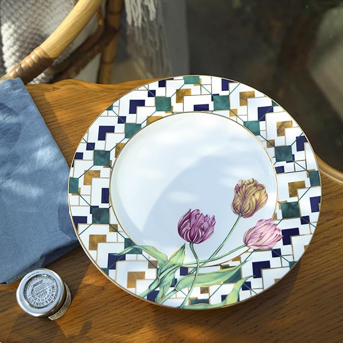 European Style Dinnerware Set Service for 6 Bone China Dinnerware Sets Unbreakable Porcelain Dinner Sets Coffee Cup and Saucer Tableware Set Steak Dinner Plates Dish Set tulip