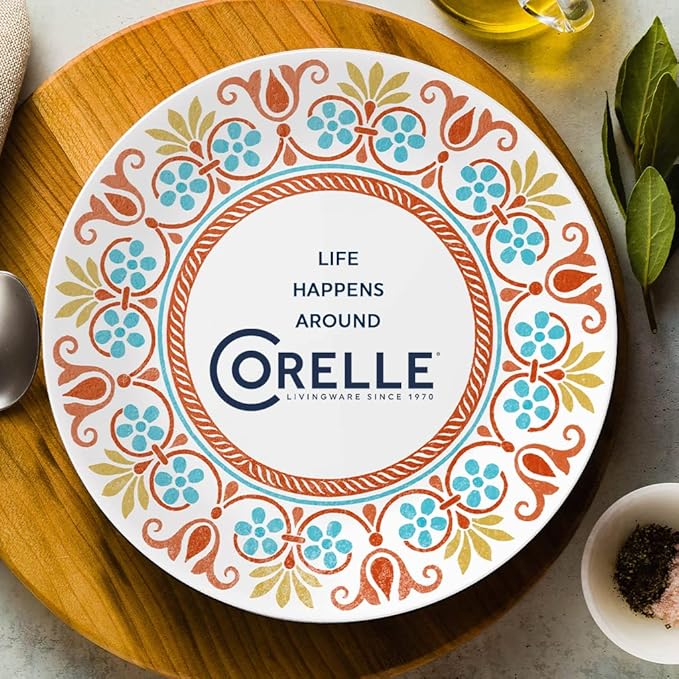 Corelle Global Collection Vitrelle 12-Piece Dinnerware Set Triple Layer Recycled Glass Lightweight Eco-Friendly Round Plates and Bowls Set Terracotta Dreams