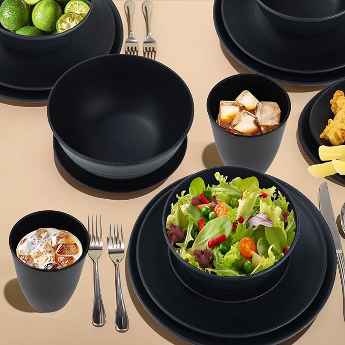 Wrova Wheat Straw Dinnerware Set of 40 Pieces - 10 &amp 9 Plates 6 Snack Plates 26oz &amp 12oz Bowls &amp Cups - Unbreakable Microwave &amp Dishwasher Safe - Black