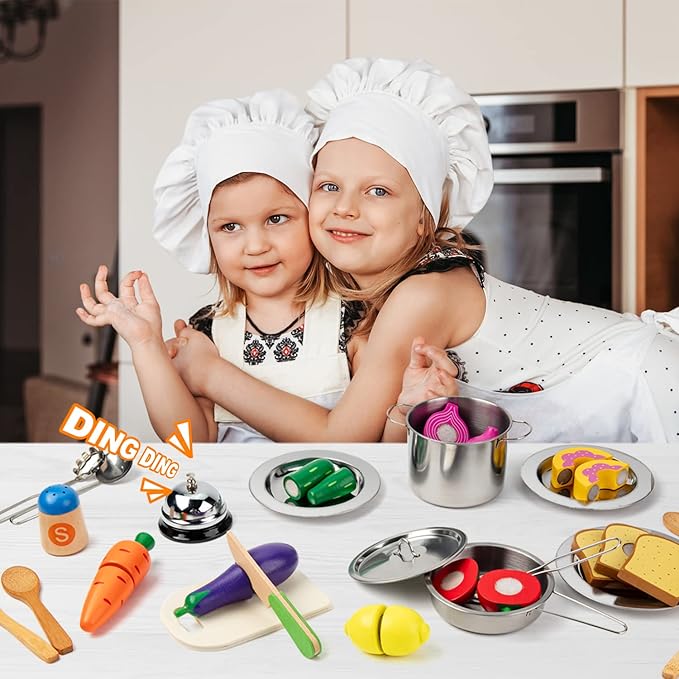 Juboury Pretend Play Kitchen Set - Toy Kitchen Accessories with Stainless Steel Cookware Pots and Pans Plates Cooking Utensils Kids Chef Coat &amp Hat Wooden Play Food for Kids Girls Boys Todd