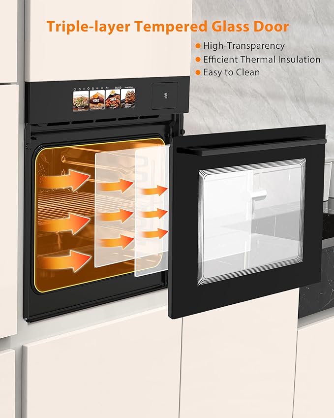 24 Built-in Electric Oven - Single Wall Convection Design 3000W 2.5Cu.ft Capacity 8 Cooking Modes Stainless Steel Colorful Touch Screen Transparent Viewing Window Black