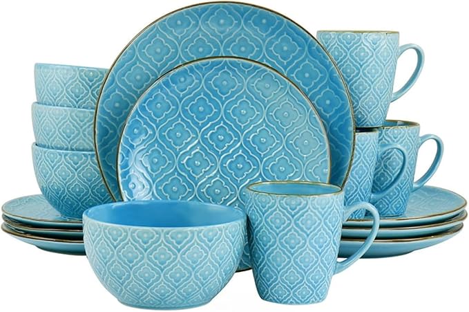 16 Piece Embossed Stoneware Dinnerware Set in Teal Round Dish Plate Bowl Water Cup