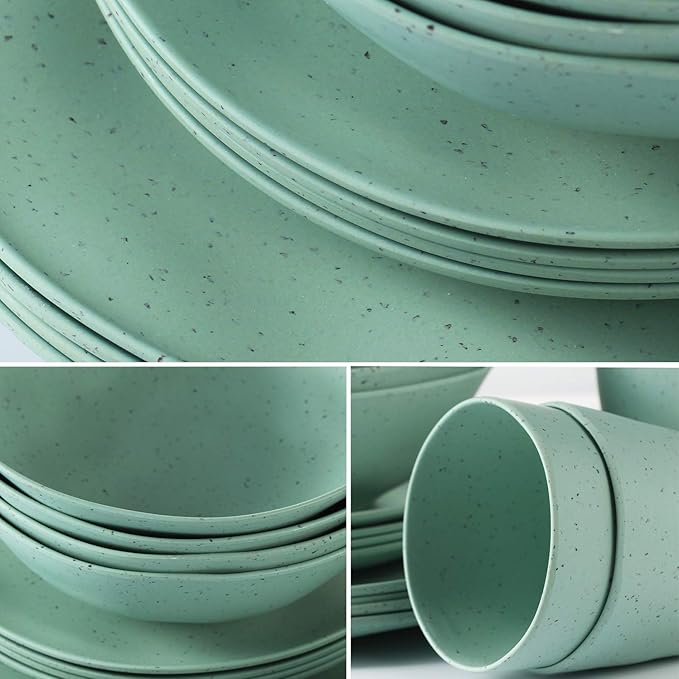 Morgiana 8 pcs Bamboo Sage Green Dinnerware Plates Set Reusable Camping Dish Set Eco-Friendly Bamboo Plates Cups Bowls for 2 Person