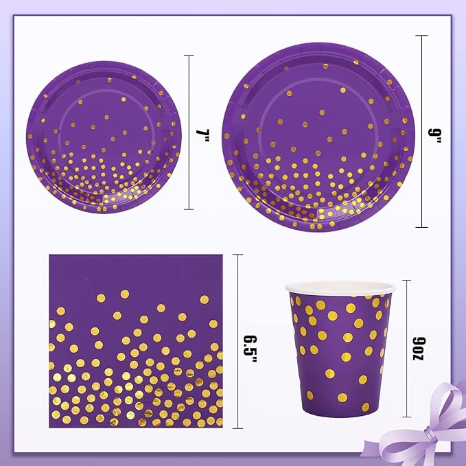 175Pcs Purple and Gold Party Decorations Purple Plates and Cups and Napkins Sets Gold Disposable Plates for Birthday Wedding Party Supplies Serves 25