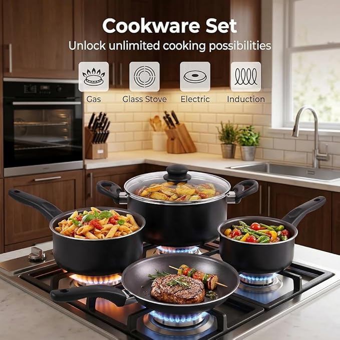 7-piece Non-stick Cooking Set with Covered Aluminum Cookware Complete Set of Pots Pans and Bowls Non-toxic and Healthy Safe for The Oven Heated By Induction Stove Black Set