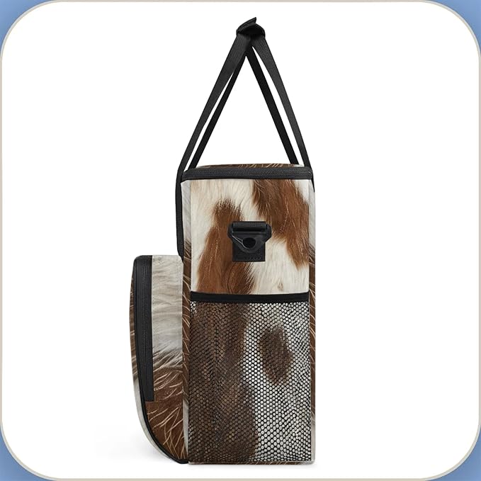 Cow Skin Brown And White Coffee Maker Carring Bag Large Insulated Storage Organizer Case Tote Bags with Shoulder Strap for Travel Work Picnic