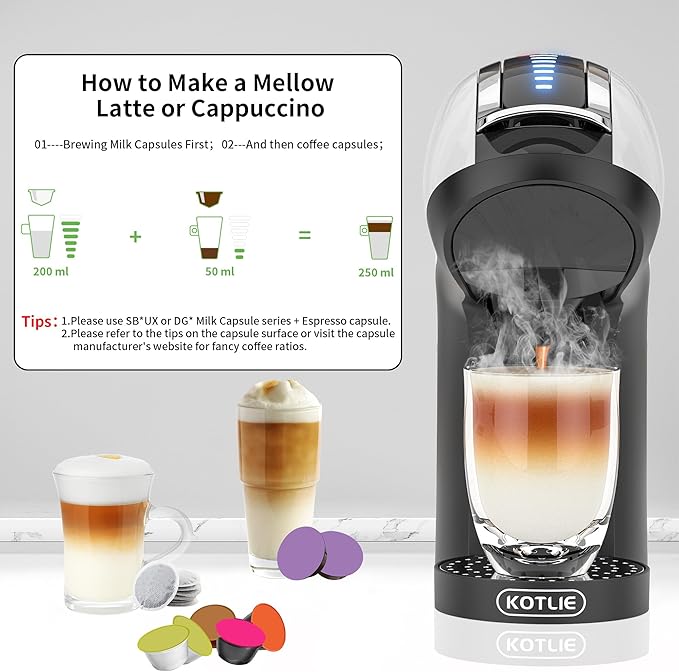 KOTLIE Single Cup Coffee Maker Multi Capsule Machine Compatible With Various Capsule Types 4 Temperature Settings 7 Water Volume Levels19 Bar(Glossy White)
