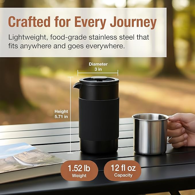 Travel French Press Coffee Maker Set - 12 oz | Portable Travel French Press Coffee Maker | Double Wall Insulated with Dual Stainless Filters &amp 2 Steel Canisters for Grounds Tea Creamer &amp Sug