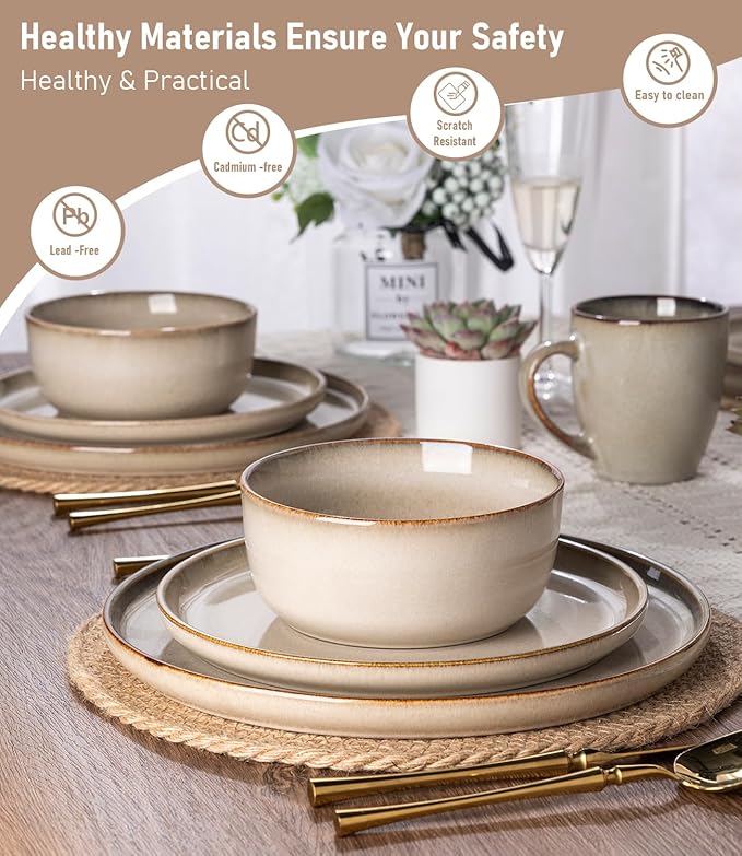 GBHOME Dinnerware Sets for 4 12 Pieces Stoneware Plates and Bowls Sets Scratch Resistant Ceramic Dishes Dishwasher &amp Microwave Safe Reactive Glaze-Almond Cream