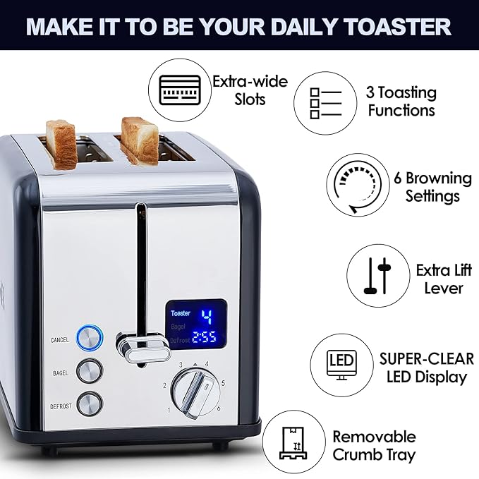 CUSIMAX Stainless Steel 2 Slice Toaster with LED Display Extra-wide Slots 6 Browning Settings Cancel/Bagel/Defrost Removable Crumb Tray Black