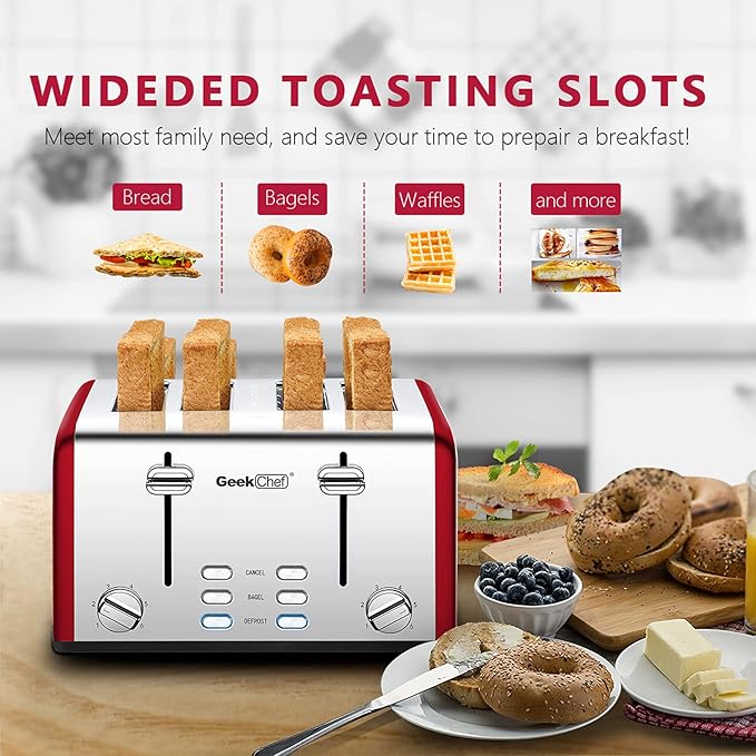 Geek Chef 4 Slice toaster Best Rated Prime Retro Bagel Toaster with 6 Bread Shade Settings 4 Extra Wide Slots Defrost/Bagel/Cancel Function Removable Crumb Tray Stainless Steel Toaster 1500W (Re