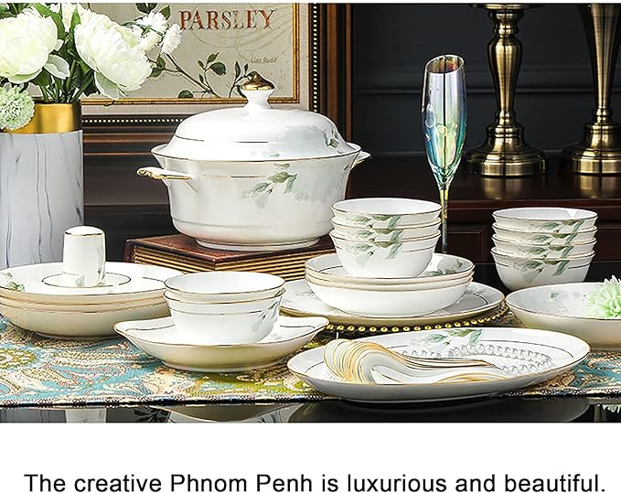 Bone China Dinner Set Porcelain White Dinnerware Kitchen Dinning Round Tableware Combination Set with Cereal Bowls Dessert Plates and Soup Plates (60 Pieces Service for 10 People)