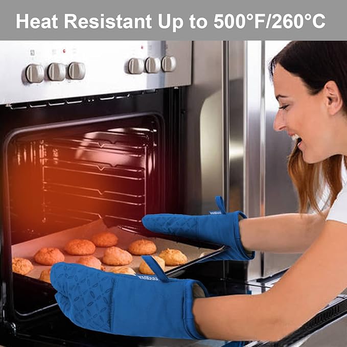 KEGOUU Oven Mitts and Pot Holders 6pcs Set Kitchen Oven Glove High Heat Resistant 500 Degree Extra Long Oven Mitts and Potholder with Non-Slip Silicone Surface for Cooking (Royal Blue)