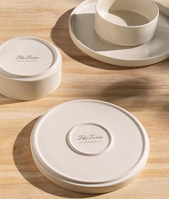 TheTerra Ceramic Dinnerware Sets for 4 12 Pieces Handmade Reactive Glaze Plates and Bowls Set Scratch Resistant Dish Set Oven &amp Microwave &amp Dishwasher Safe Ice Cream