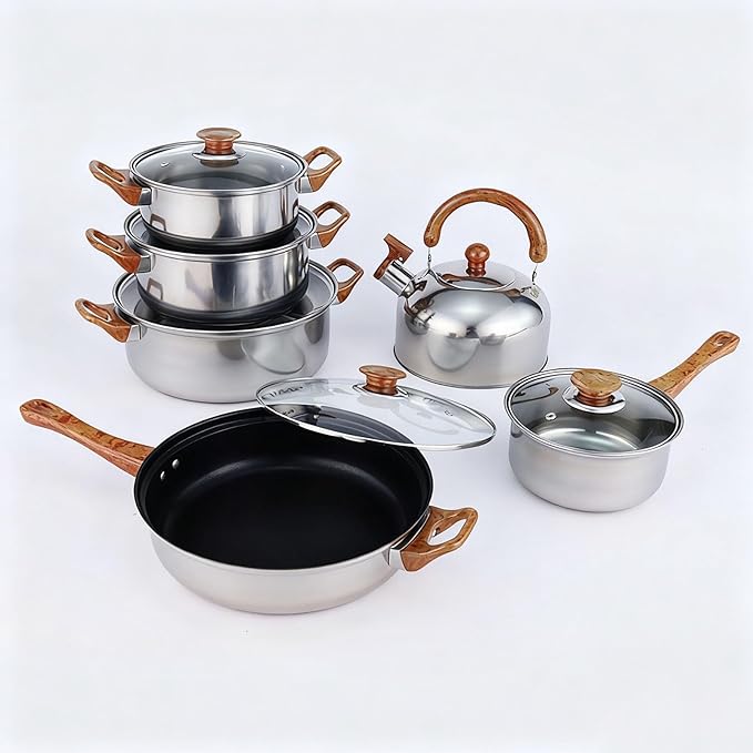 Yosoo 3 Stainless Steel Pots Set Imitation Wood Handles Cookware Kitchen Supplies for Induction Cooktops and Gas Stoves