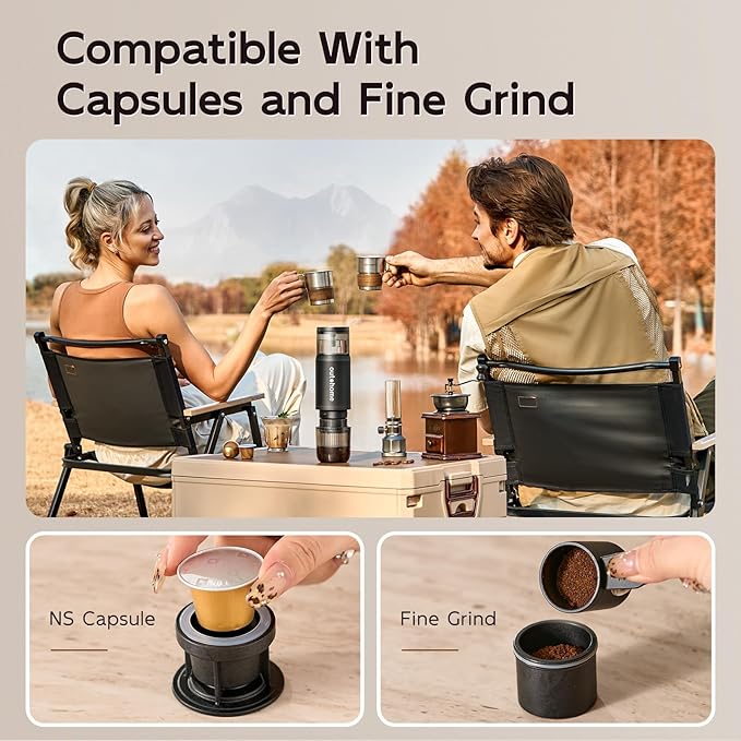 Portable Electric Espresso Machine15 Bar Self Heating Outdoor Coffee Maker Travel Coffee Machine for Camping With Ground Coffee and NS Capsule for RV OfficeCar Coffee with carry Bag
