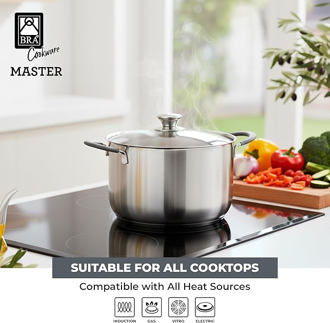 BRA COOKWARE Master 6 Piece Cookware Set | Stainless Steel Professional Kitchenware Set | 1 Stock Pot 1 Sauté Pan 2 Frying Pans 2 Lids | All Stovetop Compatible | PFAS Free | w/o Non-Stick