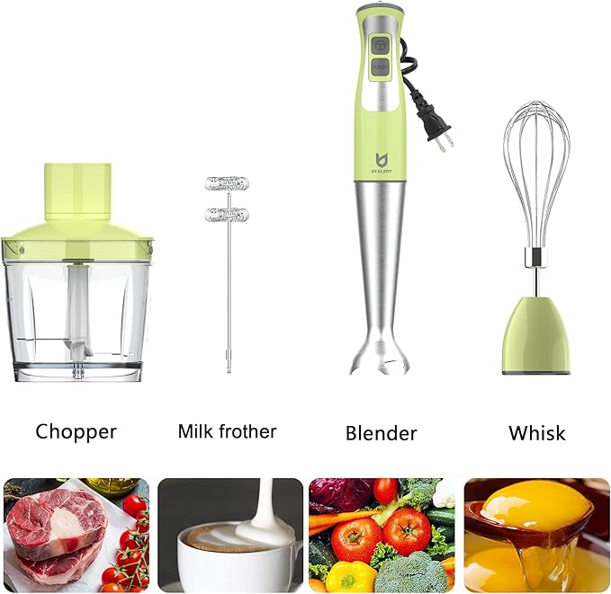 Immersion Hand Blender UTALENT 5-in-1 8-Speed Stick Blender with 500ml Food Grinder BPA-Free 600ml ContainerMilk FrotherEgg WhiskPuree Infant Food Smoothies Sauces and Soups - Green