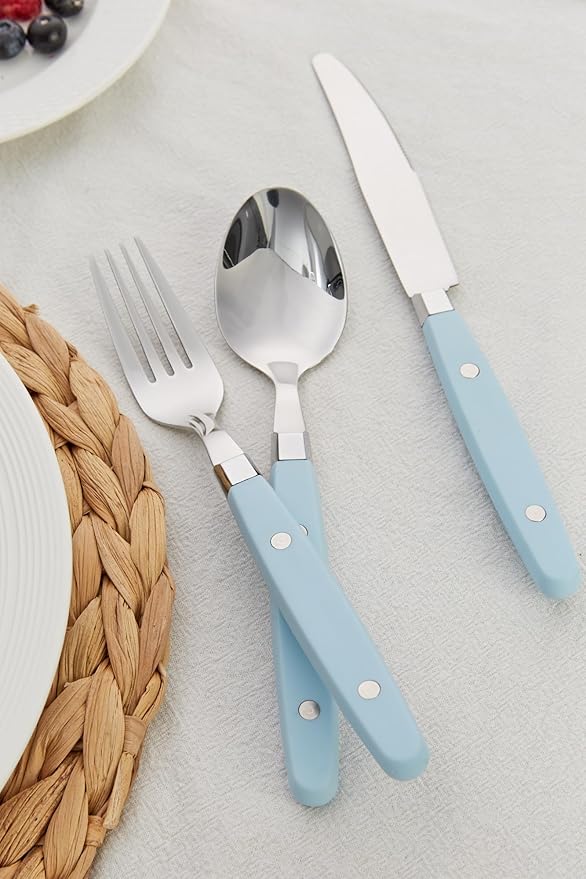 ANNOVA Silverware Set Retro/Rivet Colorful Stainless Steel Tableware Kitchen Flatware Set Utensils Includes Dinner Knives Forks Spoons Salad Forks &amp Dessert Spoons (Sky Blue 20 Pieces)