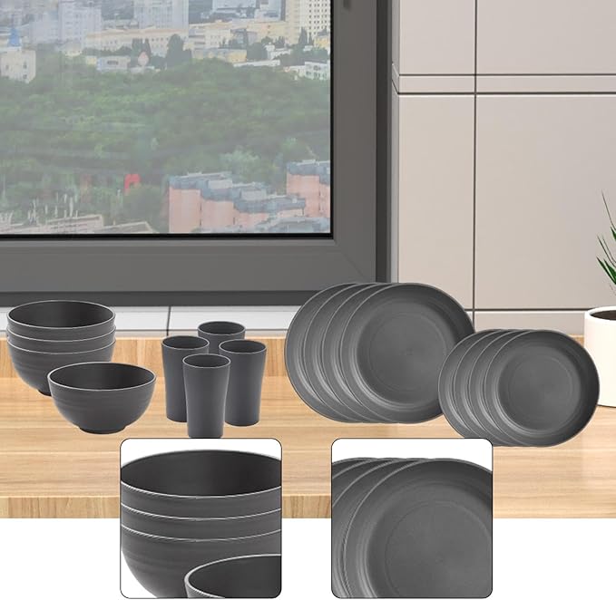 16Pcs Dinnerware Sets Dessert Plates Unbreakable Dishes for Camping RV Hotel Household Gray
