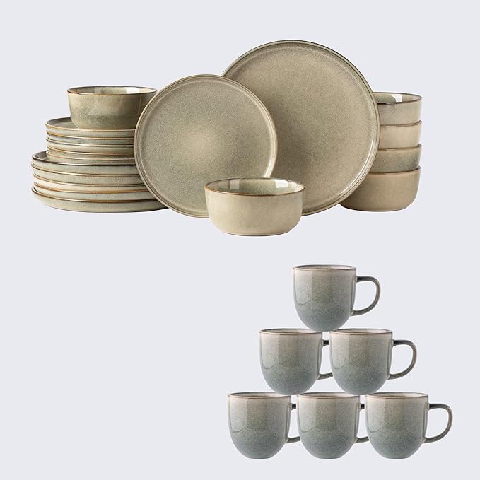 AmorArc 24PCS Ceramic Dinnerware SetsHandmade Reactive Glaze Plates and Bowls SetsHighly Chip and Crack Resistant | Dishwasher &amp Microwave Safe Dishes Set Service for 4 (24pc)