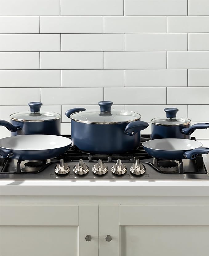 T-Fal Ceramic Nonstick Cookware Set Oven Safe Up to 350ºF 12-Piece Includes Stockpot Frying Pans Utensils Ceramic Pots and Pans Set Dark Blue