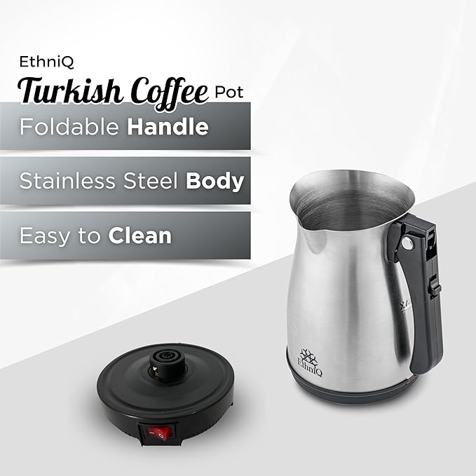 ETHNIQ Turkish Coffee Pot - Stainless Steel 120V 1 to 4 Cup Capacity Coffee Maker with Foldable Handle for Home &amp Travel &amp on-off Button (Slow Brew)