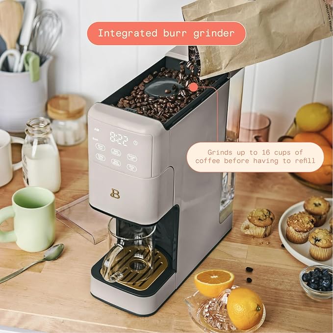B - Perfect Grind Programmable Single-Serve Coffee Maker with Built-In Grinder Fresh Ground Brewing Touch Controls Reusable Filter Compact Countertop Design (Porcini Taupe)