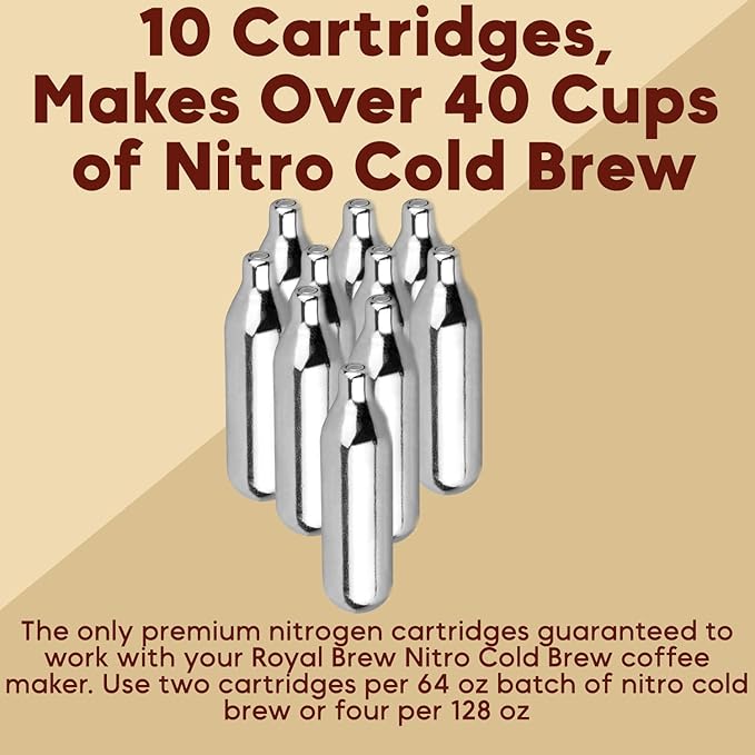 Royal Brew 10 Pack Nitrogen Chargers for Nitro Cold Brew Coffee Makers - N2 Cartridges - Works With All Royal Brew Nitro Coffee Systems