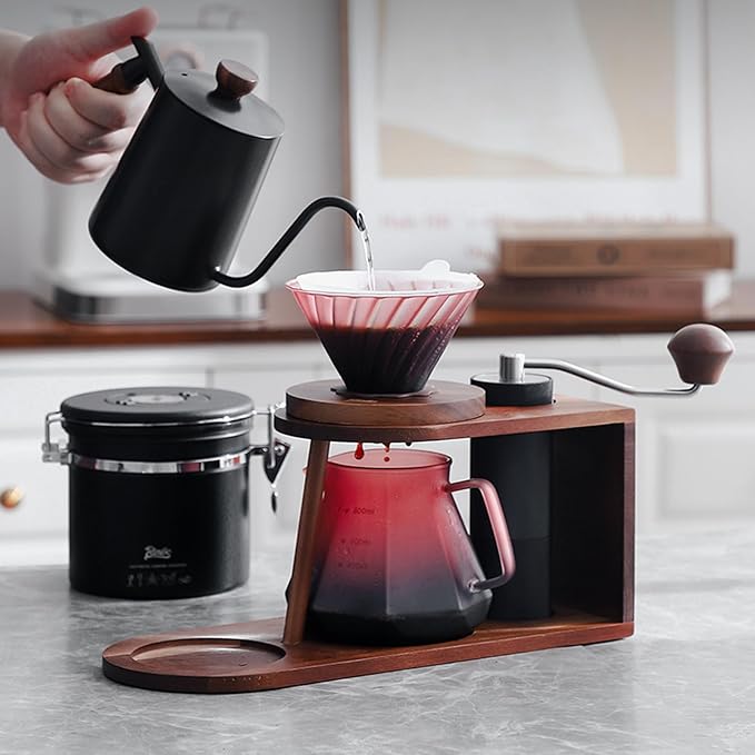 Bincoo Pour Over Coffee Maker Set - Borosilicate Glass Dripper with Walnut Handle &amp Glass Lid 50 pcs Paper Filters Included