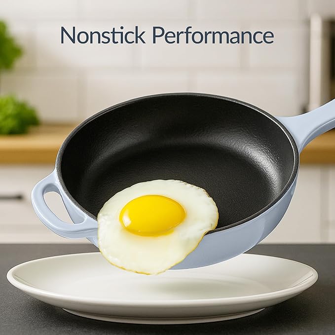 Best Choice Products Non-Stick Pot &amp Pan Cookware Set Cast Iron 2Qt Skillet W/Lid 10 Grill Or Griddle Pan W/Press 6Qt Enameled Dutch Oven Non-toxic For Cooking &amp Grilling - Cornflower
