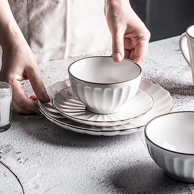 Dinner SetCeramics Dinner Sets 45 Pieces Petal Design Matte Porcelain Dinnerware Set | Cereals Bowl &amp Mug &amp Plate for Wedding Gifts and Family PartyA~White