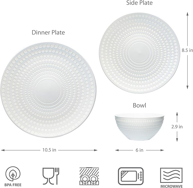 bzyoo 12 Piece White Melamine Dinnerware Set +12 Piece Ceramic Dinnerware Set Serive for 4 Porcelain Plates and Bowls for Dining Pearl White Dishes Set