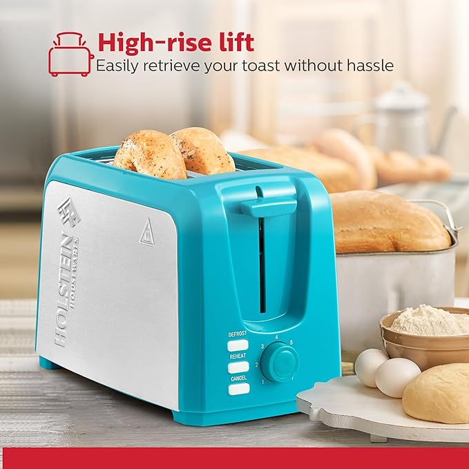 Holstein Housewares 2-Slice Toaster with 7 Browning Settings Extra-Wide Slots Reheat Defrost Cancel High-Lift Release Removable Crumb Tray – Compact Stainless Steel Teal