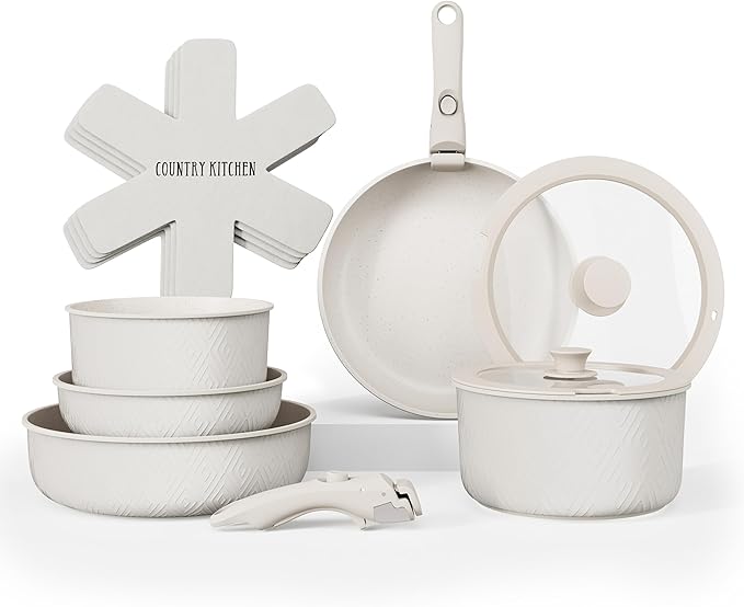 Country Kitchen Cookware Set with Removable Handle Oven &amp RV Safe Pots and Pans Set Cream Rhombus Original