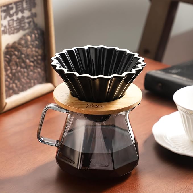 Bincoo 400ML Pour Over Coffee Maker Set with Filter PaperCeramic Coffee Dripper with Wood Stand Set for 1-2 Cups-Professional Brewing Tools for Pour Over &amp Drip for Home Office (Black)