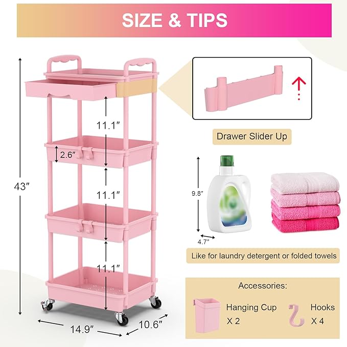 Goovilla 4 Tier Rolling Utility Cart Organizer with Removable Drawer Stable and Sturdy Pink Rolling Storage Carts with 2 Lockable Wheels for Bathroom Kitchen Snack Craft Makeup Baby Essentials