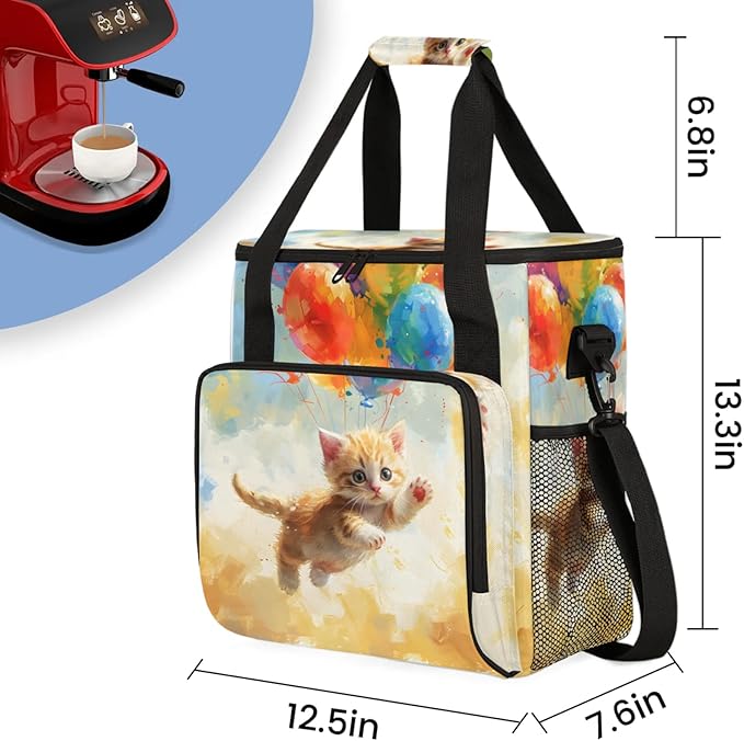 Cute Cat Oil Painting Coffee Maker Travel Bag for Keurig K-Mini/K-Mini Plus Insulated Waterproof Tote with Pockets for K-Cup Portable Single-Serve Brewer Case