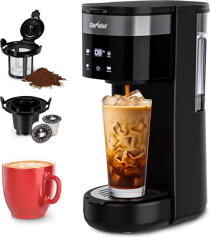 SUNVIVI Single Serve Iced Coffee Maker 3 Brewing Modes for K-Cup Pod/Ground Coffee 30oz Removable Water Reservoir &amp Reusable Filter Compact for Home &amp Office Black